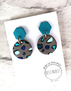 Blue and grey leopard dangles